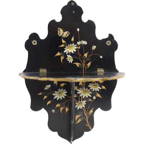 English Papier-Mache Black Lacquer Daisies and Butterflies Folding Wall Bracket Shelf