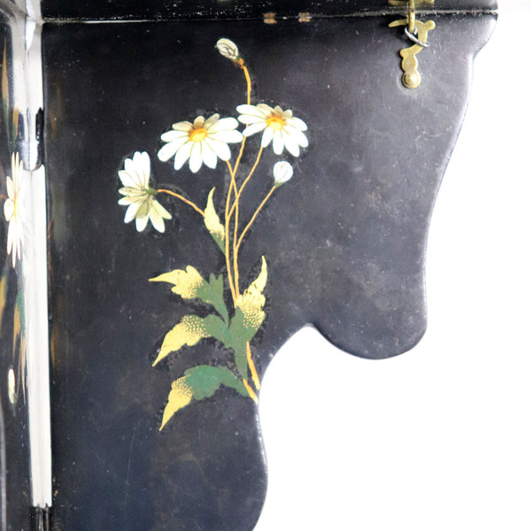 English Papier-Mache Black Lacquer Daisies and Butterflies Folding Wall Bracket Shelf