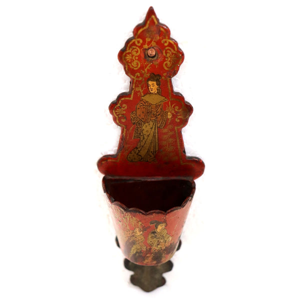 English Papier-Mache Red Lacquer Matches Wall Pocket Holder