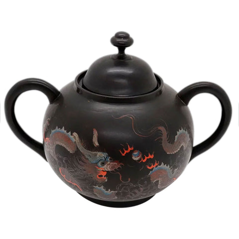 Chinese Export K.K.C.K. Black Lacquer Dragon Chasing Pearl Sugar Bowl