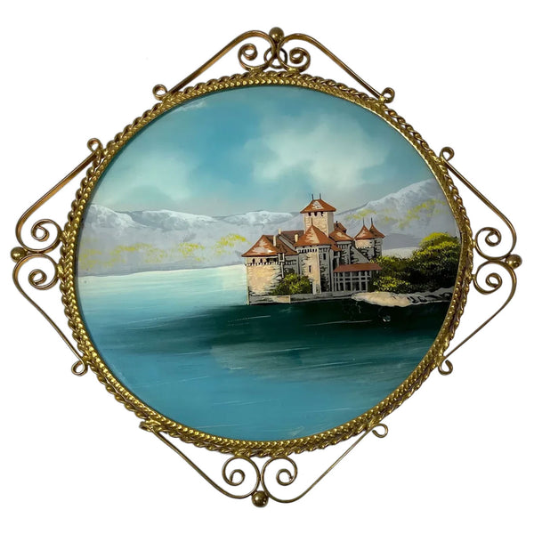 Swiss Eglomise, Mother-of-Pearl and Gilt Metal Chillon Castle Wall Plaque