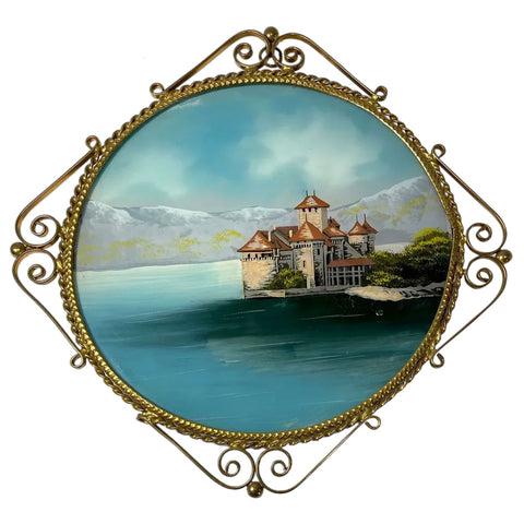 Swiss Eglomise, Mother-of-Pearl and Gilt Metal Chillon Castle Wall Plaque