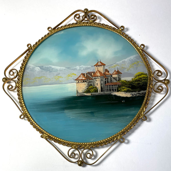 Swiss Eglomise, Mother-of-Pearl and Gilt Metal Chillon Castle Wall Plaque