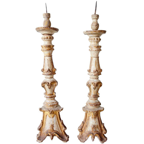 Rare Pair of Large Indo-Portuguese Baroque Painted and Gilt Teak Pricket Candlesticks