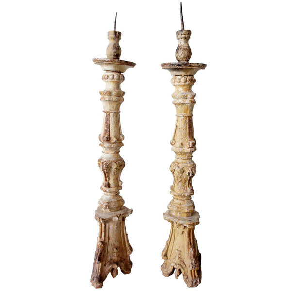 Rare Pair of Large Indo-Portuguese Baroque Painted and Gilt Teak Pricket Candlesticks