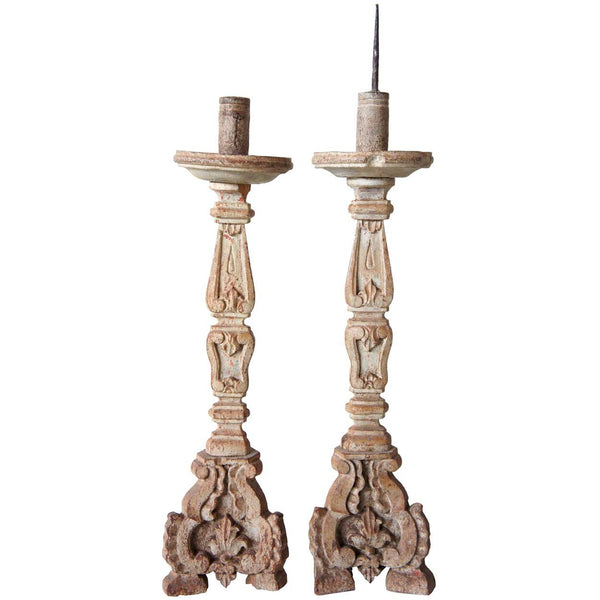 Pair of Indo-Portuguese Baroque Style Painted Teak Pricket Candlesticks