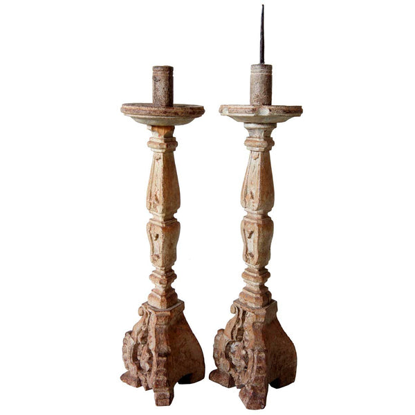 Pair of Indo-Portuguese Baroque Style Painted Teak Pricket Candlesticks