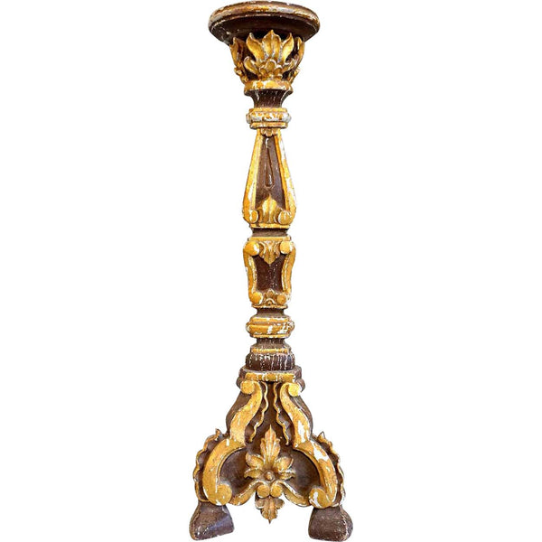 Large Indo-Portuguese Baroque Style Gilt and Painted Teak Altar Candlestick