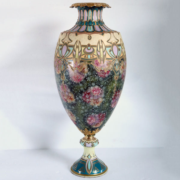 Monumental German Royal Bonn Ceramic Enamelled Floral Bolted Vase