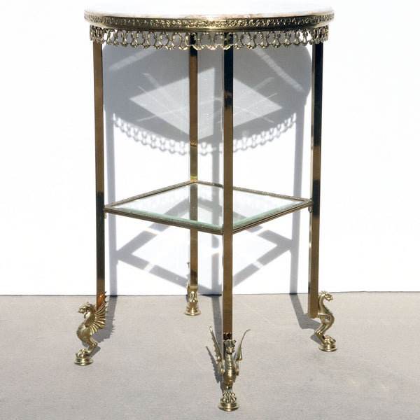 American Empire Style Marble, Glass and Brass Gueridon Stand / Side Table